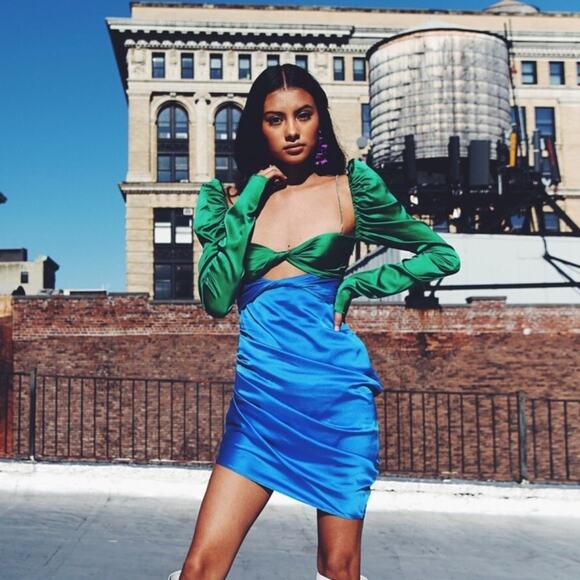 The Bar Silk Twist Dress in Emerald Green/Cobalt Blue Rhinestones Size 0 EUC - Picture 1 of 7